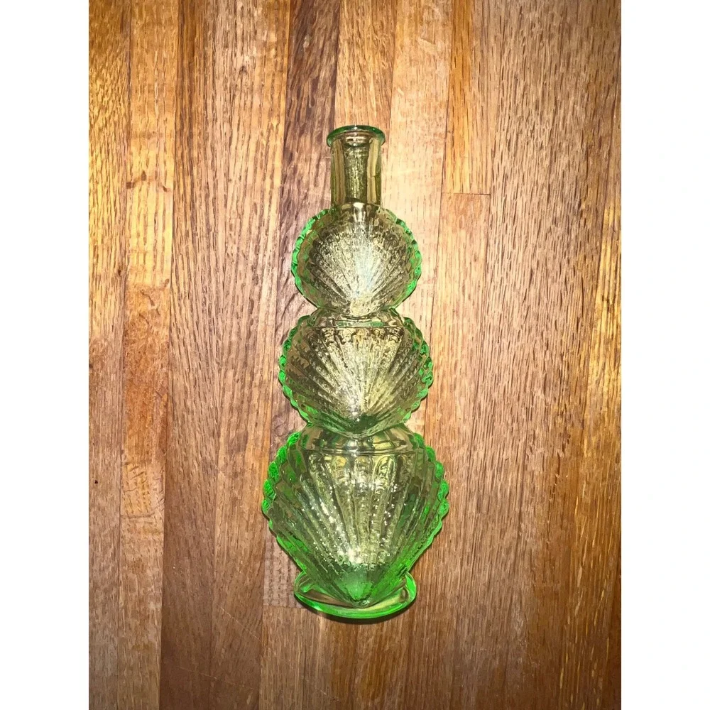 Vintage Green Glass Seashell Bottle Triple Stacked Scallop Shell Decorative Vase